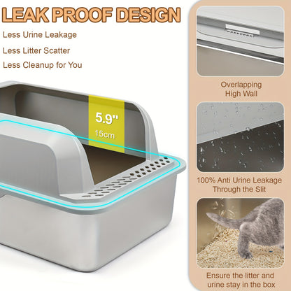 Extra-Large Stainless Steel Cat Litter Box with Lid - Open-Top, High-Sided, Leak-Proof, Easy Clean, Includes Scoop, Durable ABS and Plastic, Odor-Free with Separate Base