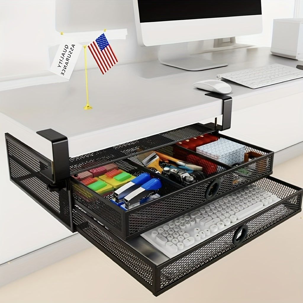 Under Desk Drawer Organizer Clamp-On - Mesh Metal Desk Attachment with 2 Slide-Out Drawers for Office Supplies and Home Essentials, Storage and Transport Solution