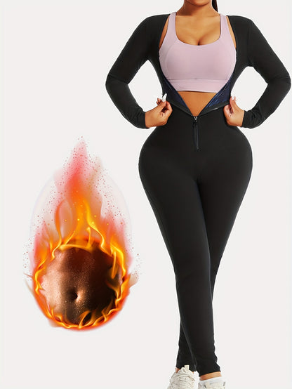 Women's Sauna Sweat Suit – Long Sleeve One-Piece Body Shaper, Thermal Workout Jumpsuit with Zipper for Running and Gym