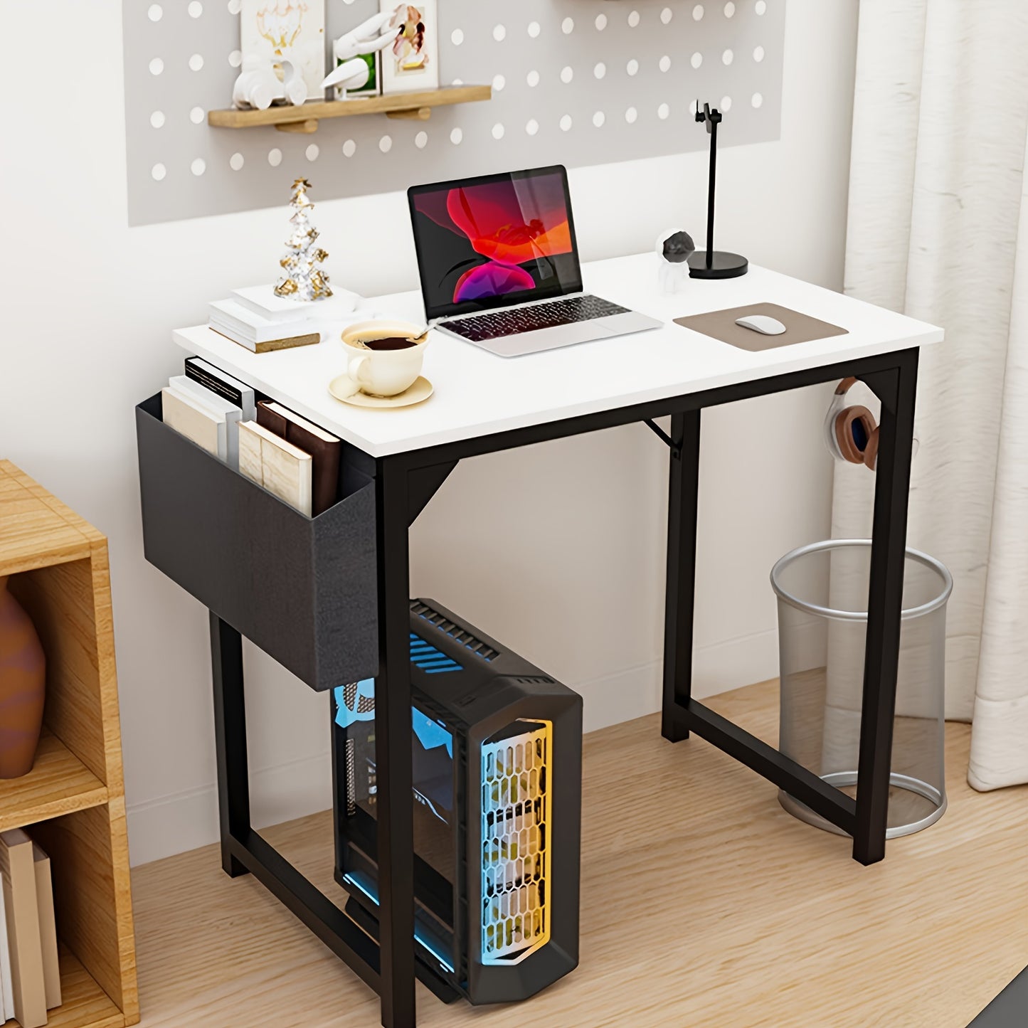 Small Computer Office Desk – 32 Inch Home Office Desk with Storage Bag and Headphone Hooks, Modern Student Study Writing Table for Bedroom. PC Table