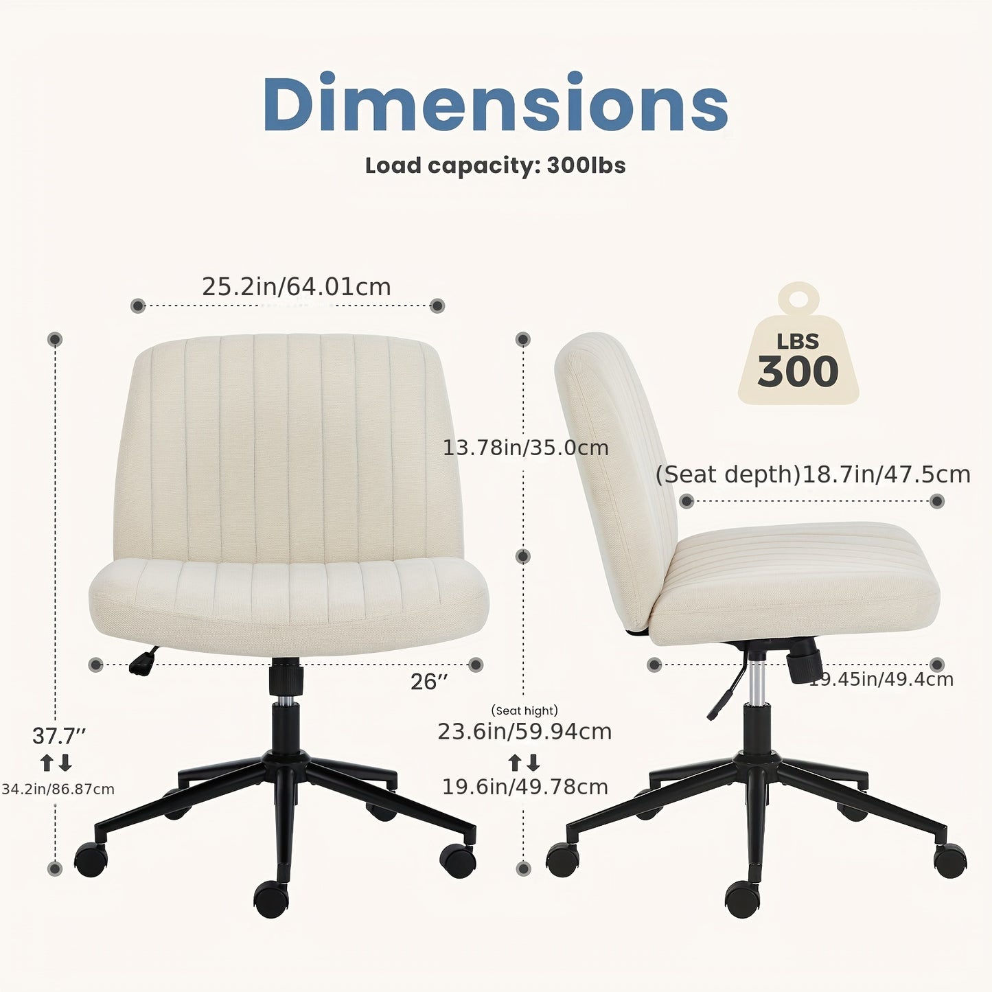 Criss Cross Office Chair with Wheels - Wide Armless Desk Chair, Adjustable Swivel, Comfy for Home and Vanity