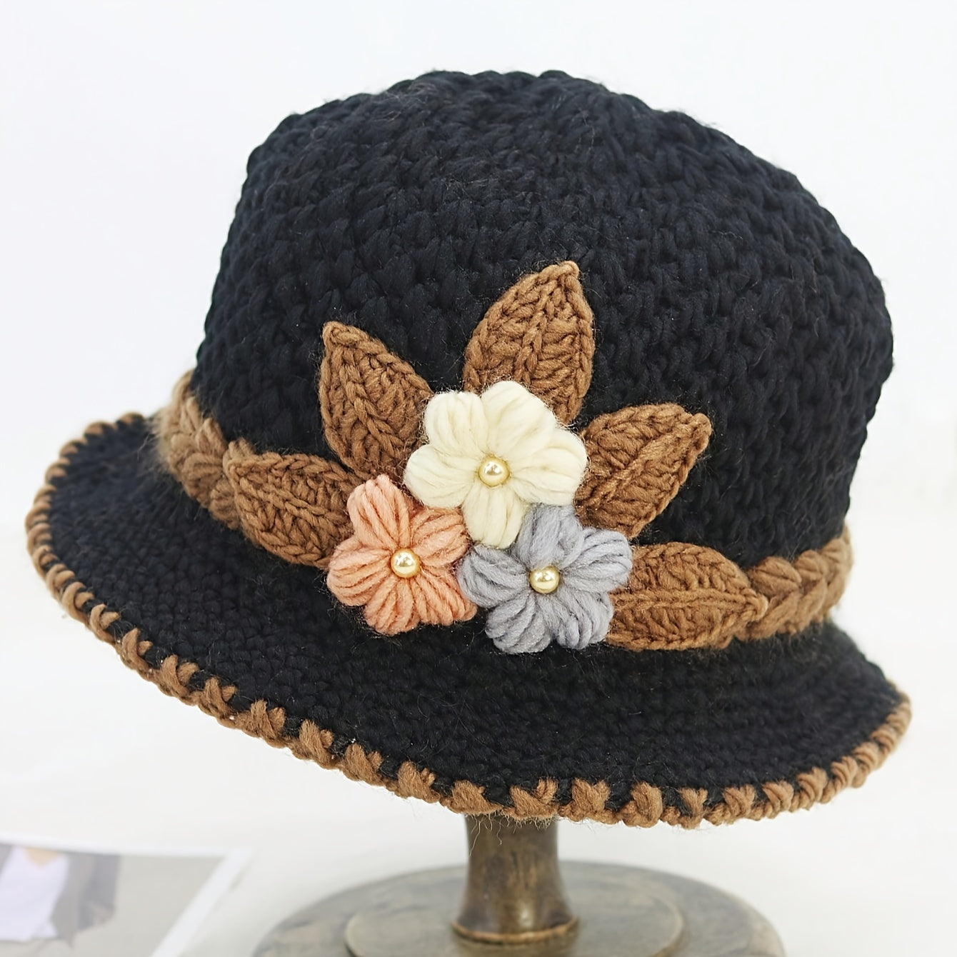 Elegant Flower Crochet Bucket Hat - Lightweight & Warm Knitted Fisherman Cap for Women, Autumn & Winter