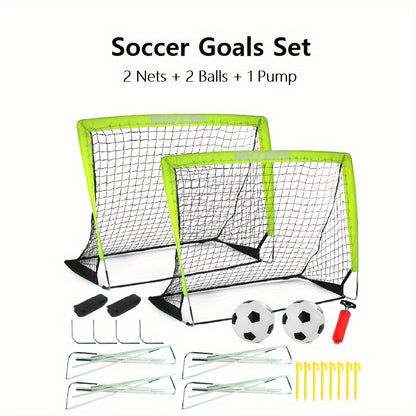 2 Pack Portable 4' x 3' Pop-Up Soccer Goals for Kids - Nets, Balls, and Pump - Perfect for Backyard, Indoor and Outdoor Play, Green