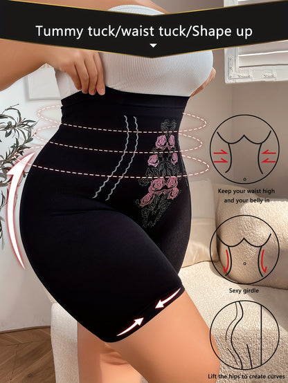 Women's Plus Size Elegant Shapewear Shorts - Floral Print High Waist Tummy Control Compression Slimming Shorts