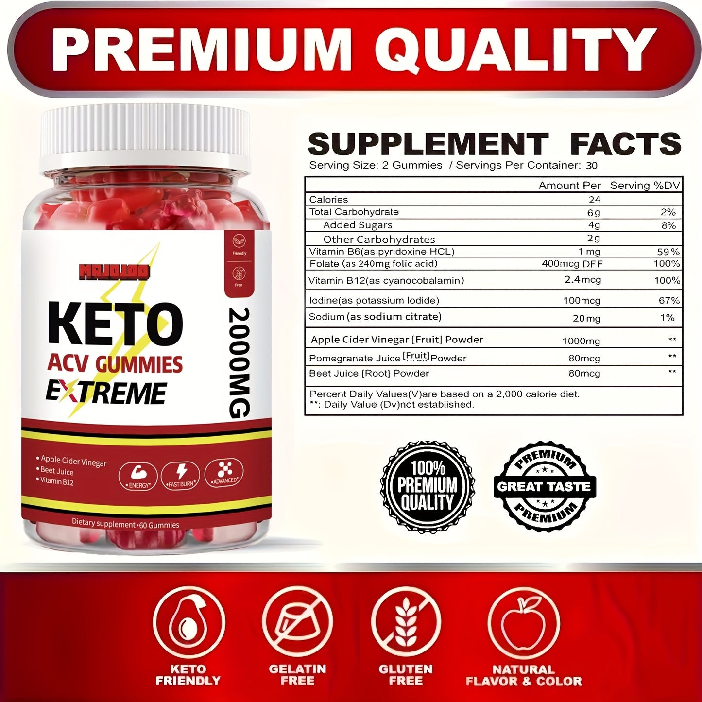Keto ACV Gummies - Apple Cider Vinegar with Pomegranate, Beet Juice Powder & B12, 60 Gummies for Extreme Keto Support