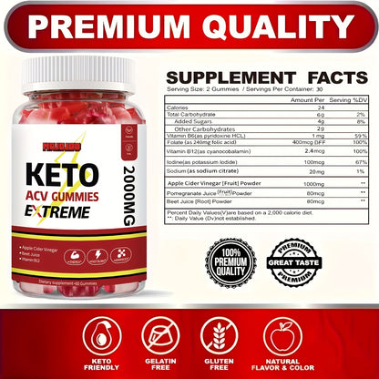 Keto ACV Gummies - Apple Cider Vinegar with Pomegranate, Beet Juice Powder & B12, 60 Gummies for Extreme Keto Support