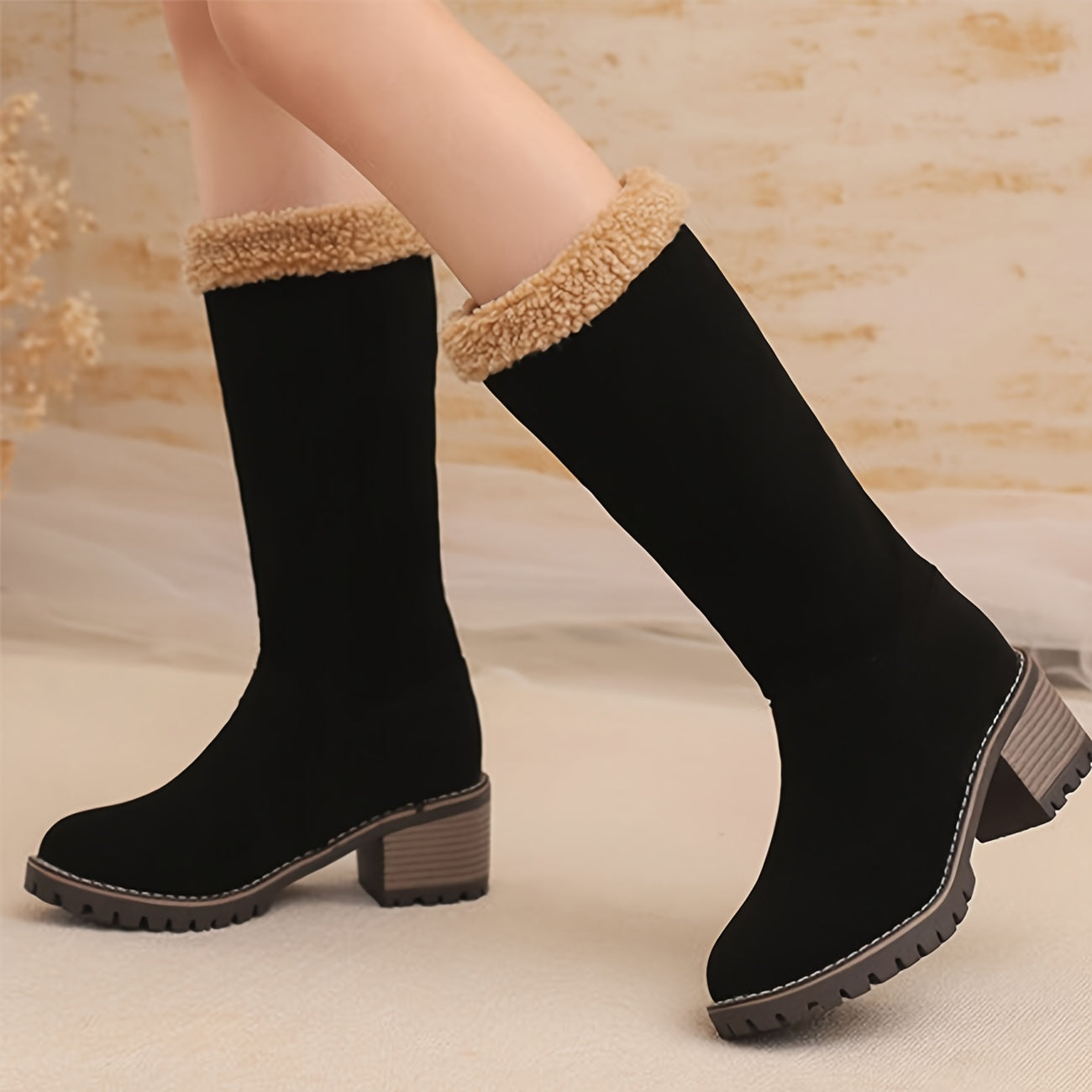 Winter Boots for Women - Comfortable Slip-On Mid Chunky Heel Suede Warm Snow Ankle Boots, Outdoor Shoes