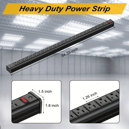 24 Outlet Heavy Duty Metal Power Strip - 10 Ft Extension Cord, Wall Mountable, Surge Protected, Space-Saving Design for Industrial, Commercial, and Home Use