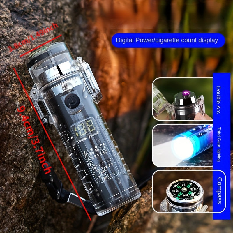LED Intelligent Compass Double Arc Lighter with Flashlight – USB Rechargeable Flameless Plasma Lighter for Outdoor Survival – Exquisite Gift for Men and Women