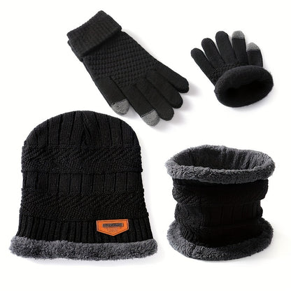 3 Pcs Knit Hat, Neck Warmer and Gloves Set - Thermal Letter Patched Cuff Beanie, Fleece Scarf, and Full Finger Winter Gloves for Men and Women