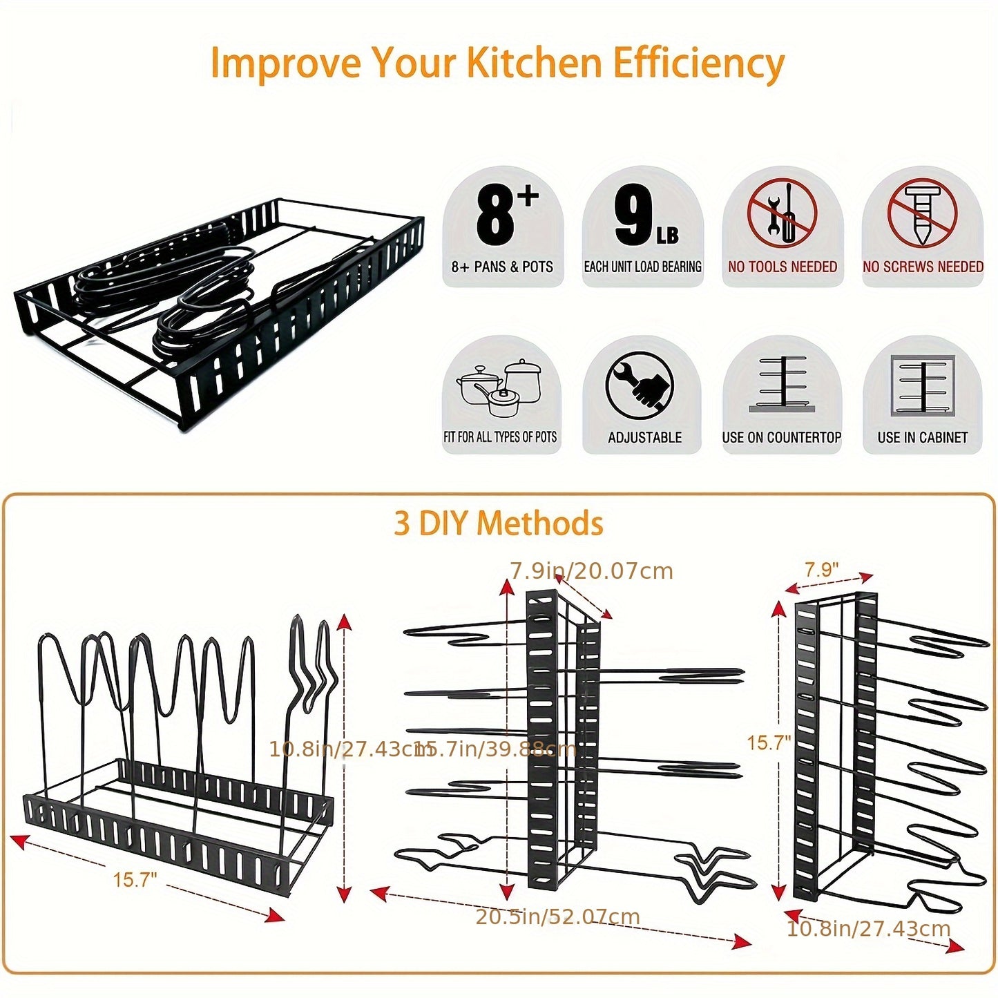 8-Tier Pot Organizer Rack - Metal Kitchen Cabinet Storage for Pots and Pans, Space-Saving Holder