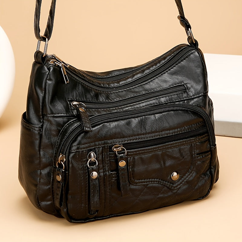 Fashion Multi-Zipper Crossbody Bag – Soft Vegan Leather Shoulder Bag with Multiple Pockets – Women's Handbag Purse