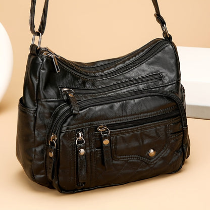 Fashion Multi-Zipper Crossbody Bag – Soft Vegan Leather Shoulder Bag with Multiple Pockets – Women's Handbag Purse