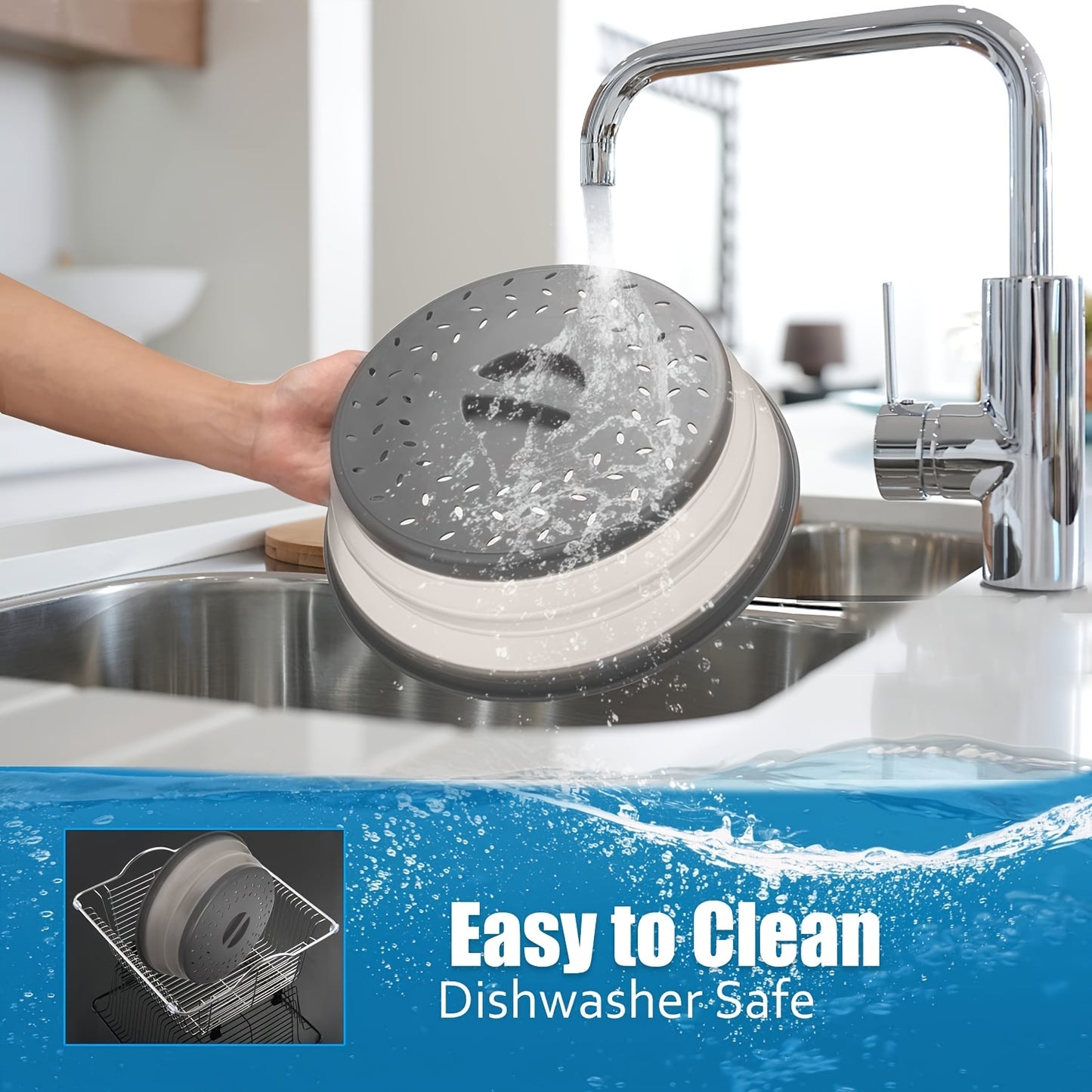 Collapsible Microwave Food Cover – 10.5 Inch Round, BPA-Free TPR with Handle, Steam Vent & Strainer for Plate Protection (Grey)