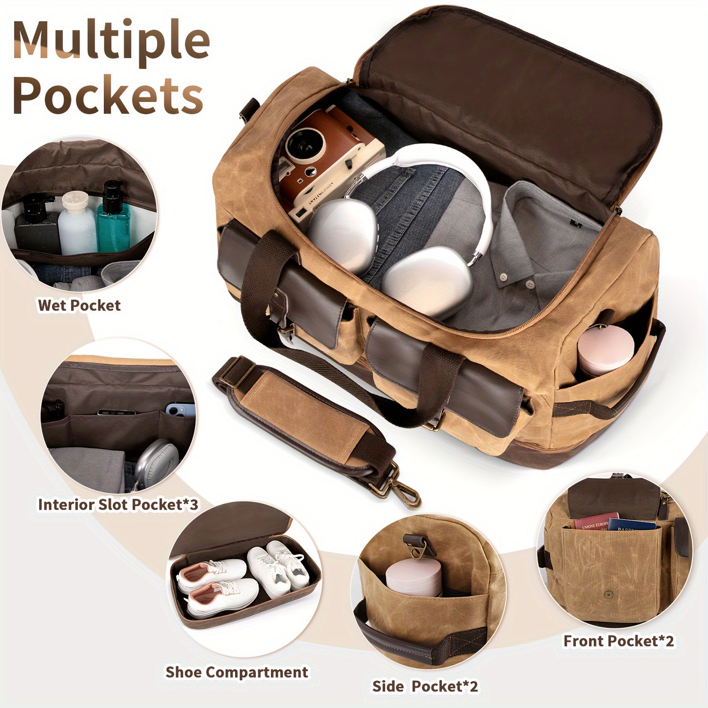 Travel Duffle Bag for Men - Waterproof Canvas Weekender with Wet Pocket, Shoes Compartment, Vintage Carry-On Luggage with Adjustable Strap