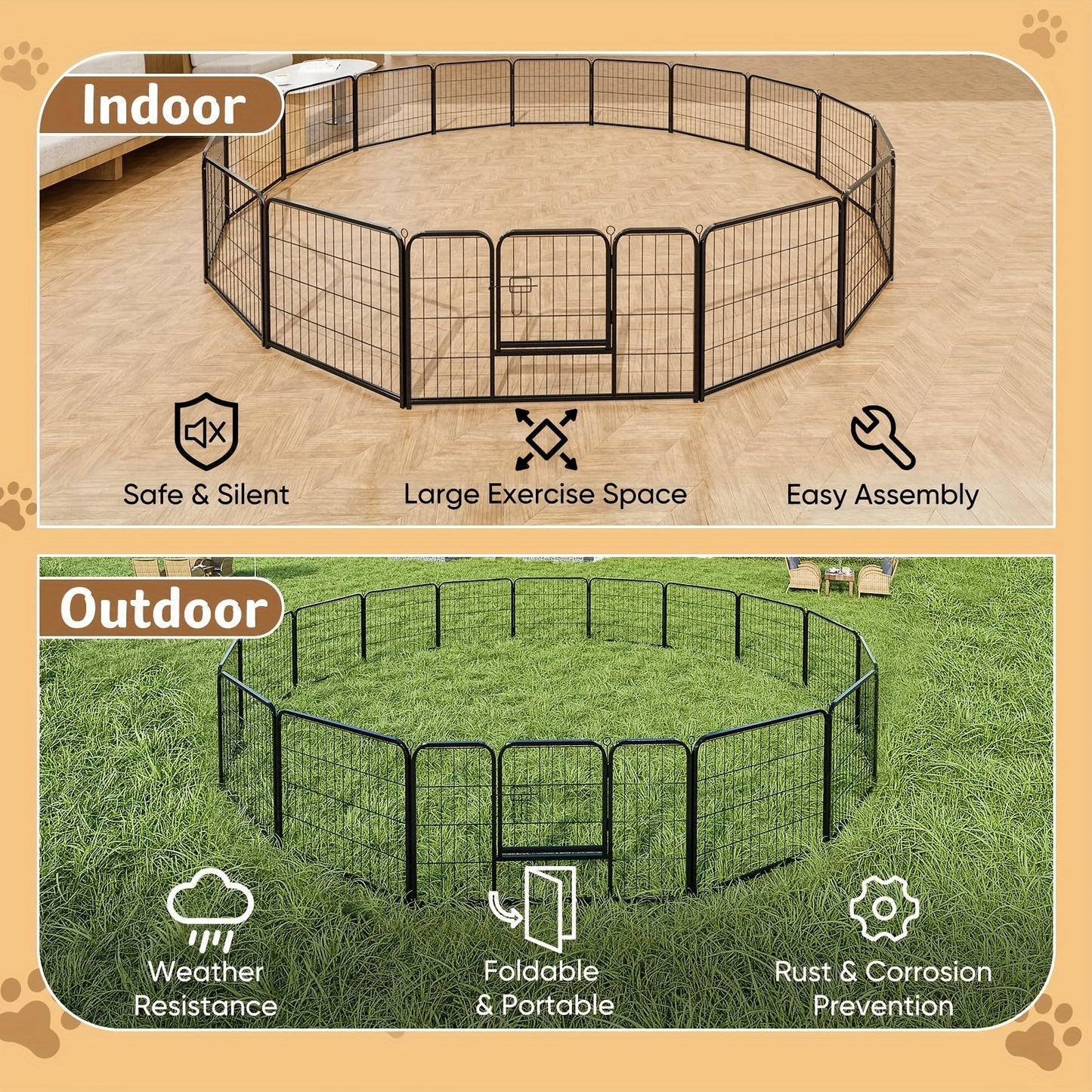 16 Panel Dog Playpen Indoor Fence – Metal Exercise Pen with Door for Dogs and Pets – Ideal for Outdoor, Garden, Yard Use