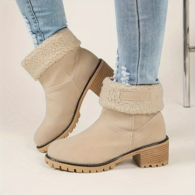 Women's Chunky Heel Slip-On Ankle Boots - Plush Lined for Comfort and Warmth