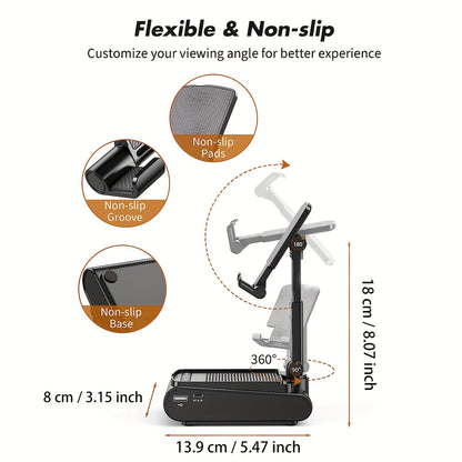 Cell Phone Stand with Wireless Speaker and Non-Slip Base – Portable, Suitable for Indoor/Outdoor, Desktop Use, Ideal for Parties, Camping, Gifts for Family and Friends