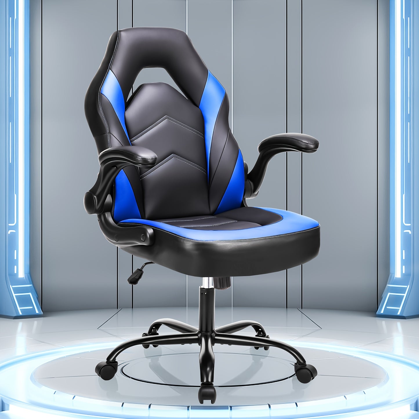 Ergonomic Gaming Chair – PU Leather Home Office Desk Chair with Lumbar Support, Height Adjustable, Big and Tall with Flip-Up Armrests and Swivel Wheels for Adults and Teens