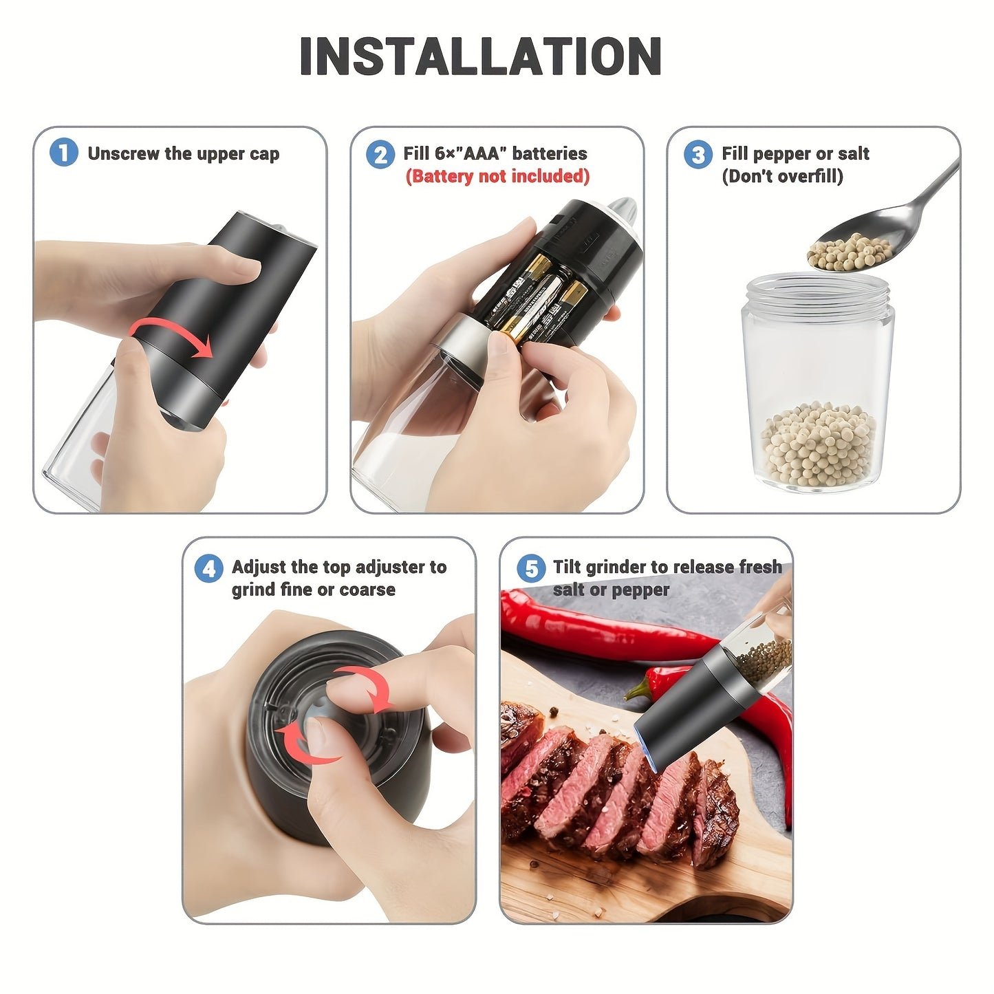 Gravity Electric Salt and Pepper Grinder Set: Battery-Powered with LED Light, One-Handed Automatic Operation, Adjustable Coarseness, Black - Kitchen Gadget Gift Idea