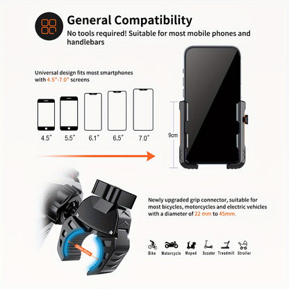 Universal Motorcycle and Bicycle Phone Mount – Adjustable Grip, Secure Hold, 360° Rotation – Anti-Shake Handlebar Holder for Stable Phone Positioning – Compatible with Various Models
