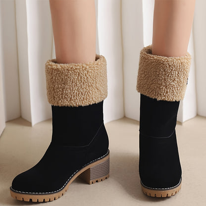 Winter Boots for Women - Comfortable Slip-On Mid Chunky Heel Suede Warm Snow Ankle Boots, Outdoor Shoes