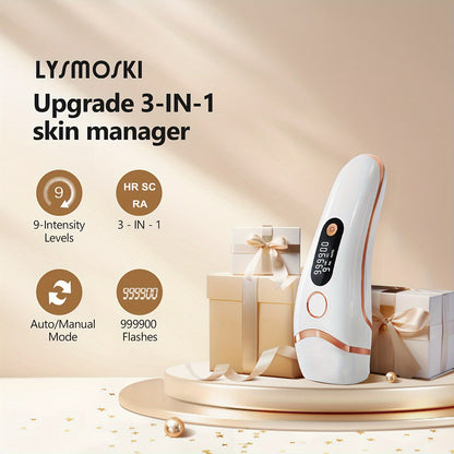 LYSMOSKI IPL Hair Removal Device - 3 Functions (HR/SC/RA), 9 Levels, 999,900 Flashes, Automatic and Manual Modes, For Face, Body, Bikini, Underarm