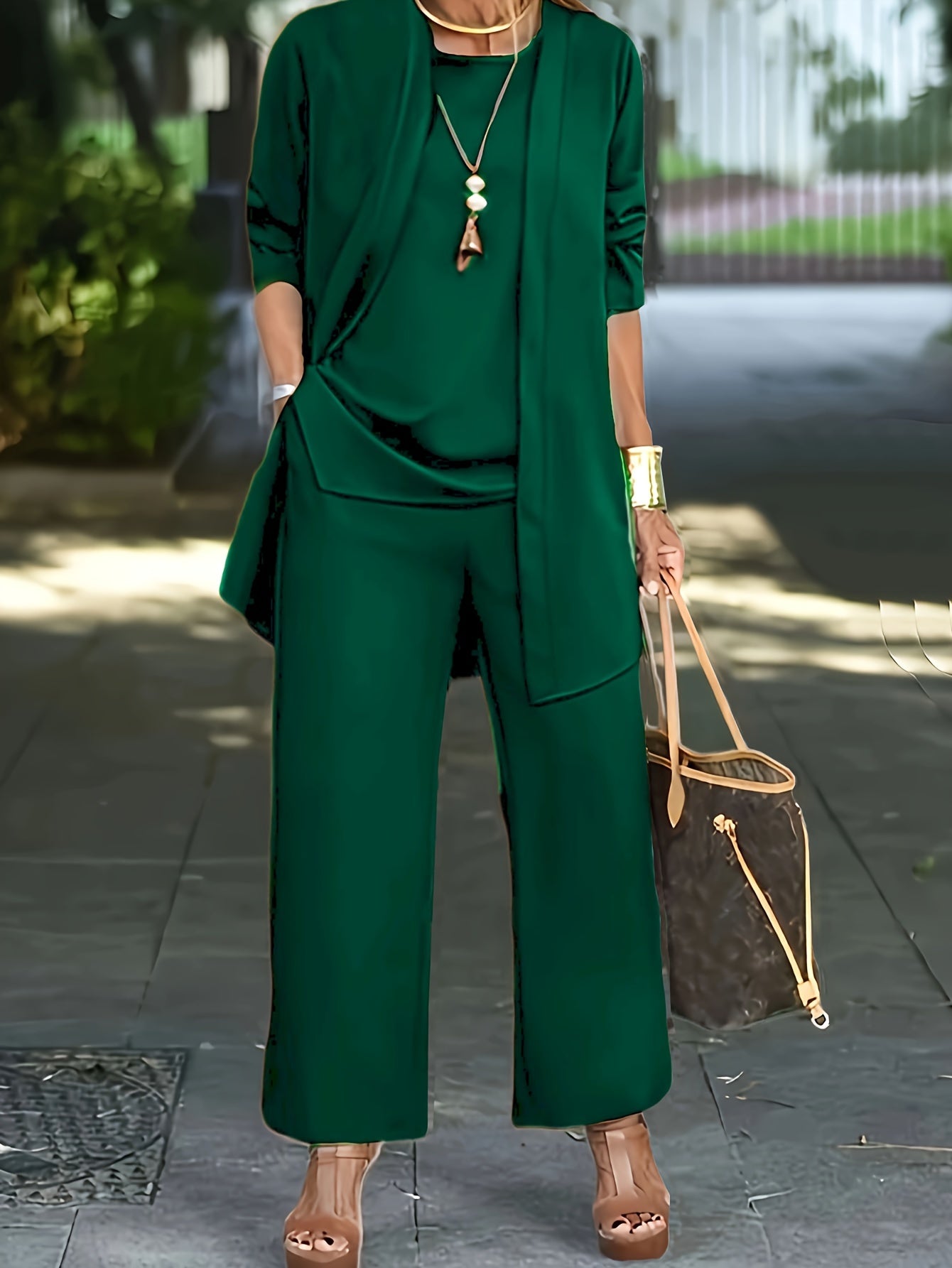 Casual Three-Piece Solid Set – Long Sleeve Cardigan, Top, and Long Pants Outfit for Women