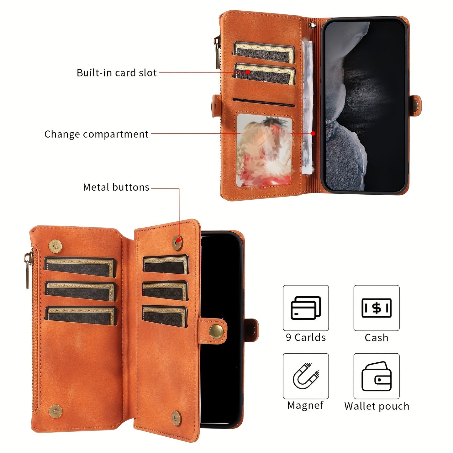 iPhone 15/14/13/12/11 Pro Max Wallet Case – PU Faux Leather Blocking Case with 9 Credit Card Holders, Zipper Closure, Protective Cover for Men & Women