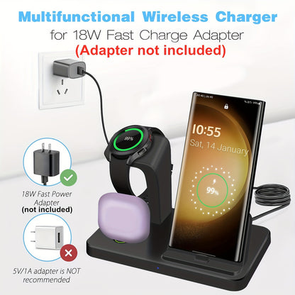 USB-C Fast Charging Station - 3 in 1 Wireless Charger for Samsung Phones, Watches, and Earbuds, Compatible with Galaxy Watch 6/5/4/3, S24/S23/S22/21, Note20/10, Z Fold/Flip 5/4