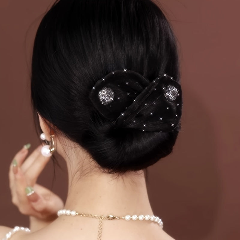 2pcs Sparkling Rhinestone Hair Curlers - Elegant Decorative Bun Makers and Flexible Clips for Women and Girls