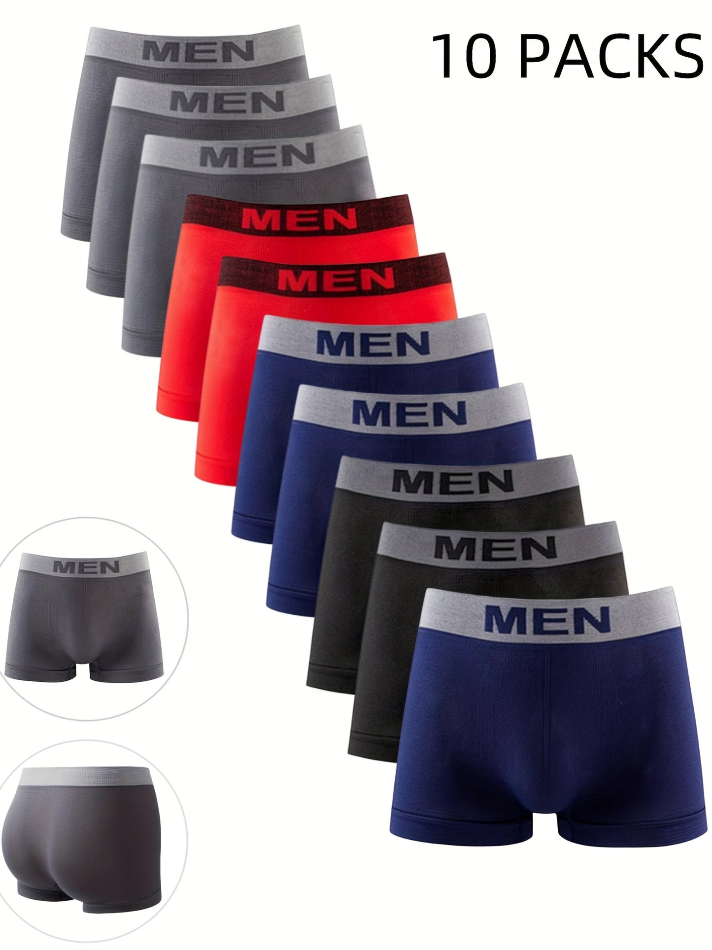 10pcs Men's Boxer Briefs - Breathable Comfy Boxer Trunks with MEN Letter Waistband, Elastic Sports Shorts, Casual Daily Underwear