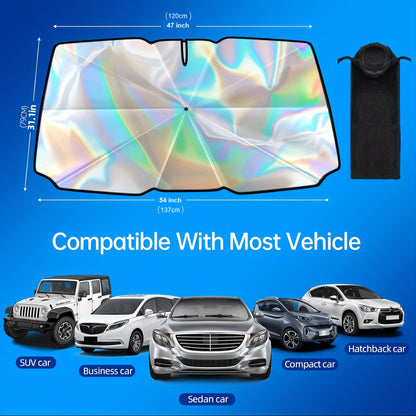 2024 Iridescent Car Windshield Sun Shade Umbrella – 360° Anti-Scratch Handle, Foldable UV Ray Blocking Cover, 10-Layer Fabric Front Windshield Cover (55x31.5 Inch)