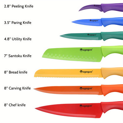 14 Piece Rainbow Kitchen Knife Set – Sharp Stainless Steel, Dishwasher Safe, Professional Knives with Sheaths and Blade Guards, Non-Stick