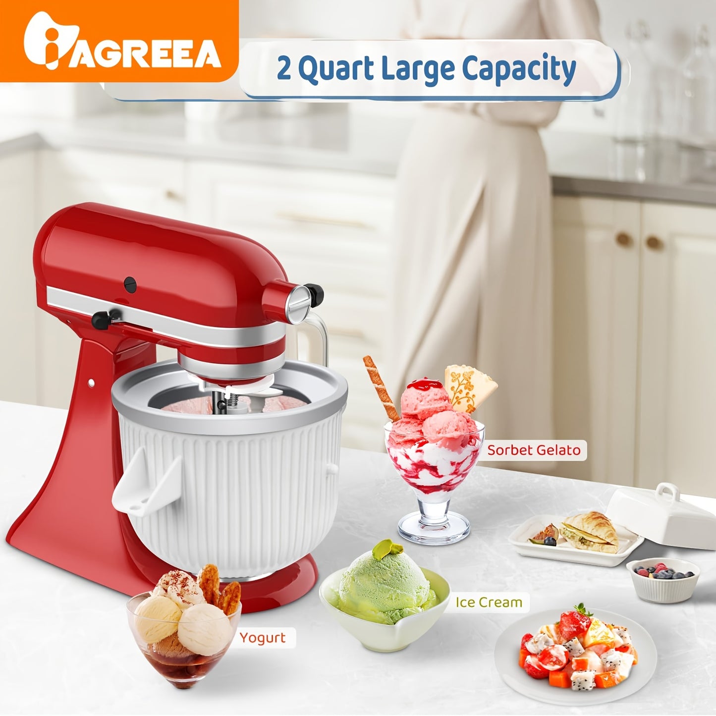 Ice Cream Attachments for Kitchenaid Stand Mixer – Frozen Yogurt, Ice Cream and Sorbet Maker Bowl – Fits 4.5QT & 6QT Mixers