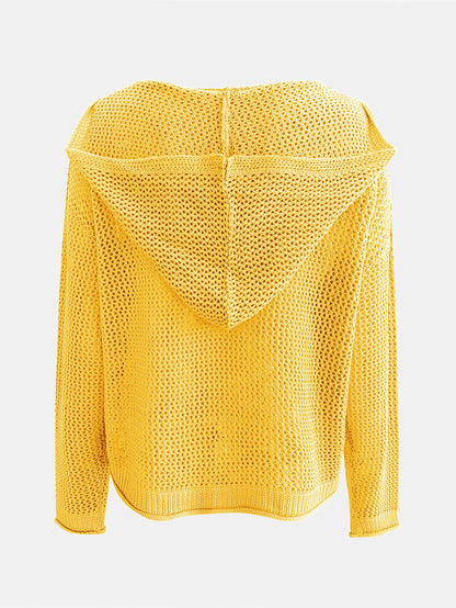 Solid Color Hooded Pullover Sweater – Casual Long Sleeve Cut-Out Knitted Sweater for Spring and Summer – Women's Clothing