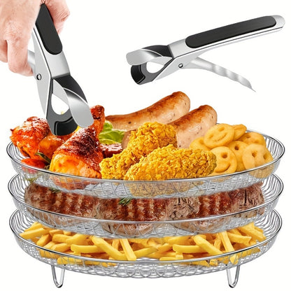 Air Fryer Accessories Set - Three-Layer Circular Grill Rack, Steam Rack, Stainless Steel Stackable Dehydration and Barbecue Rack, Drain and Filter Baskets, Oil Brush and Food Clips