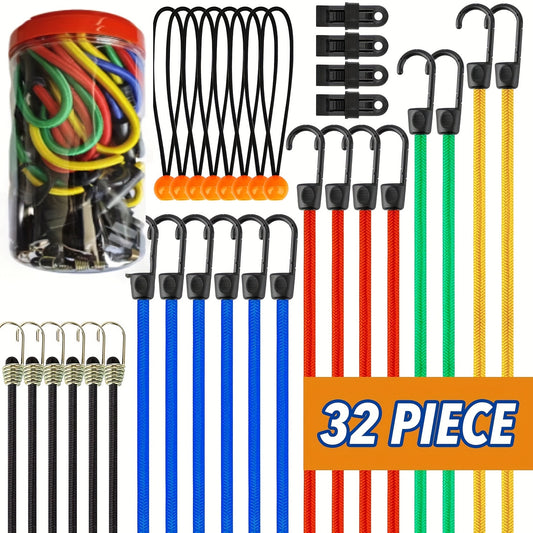 32-Piece Bungee Cord Assortment – 10" to 40" Bungee Cords, Canopy Tarp Ties & Clips for Secure Outdoor Use