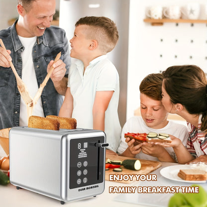 1.5 Inch 2-Slice Smart Digital Toaster - Touch Screen, 5 Bread Selections, 7 Shade Settings, Bagel/Defrost/Cancel/Reheat Functions, Removable Crumb Tray, Stainless Steel