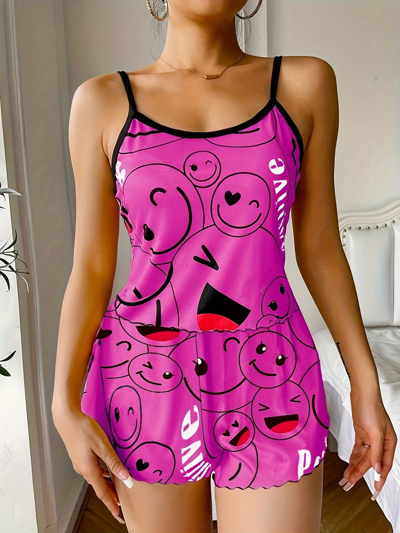 Smiling Face Print Pajama Set - Women's Cute Round Neck Backless Cami Top and Elastic Shorts Sleepwear