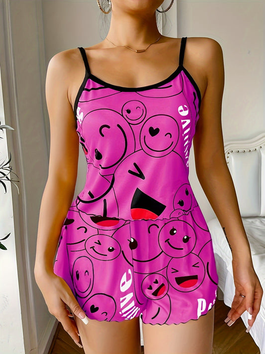 Smiling Face Print Pajama Set - Women's Cute Round Neck Backless Cami Top and Elastic Shorts Sleepwear