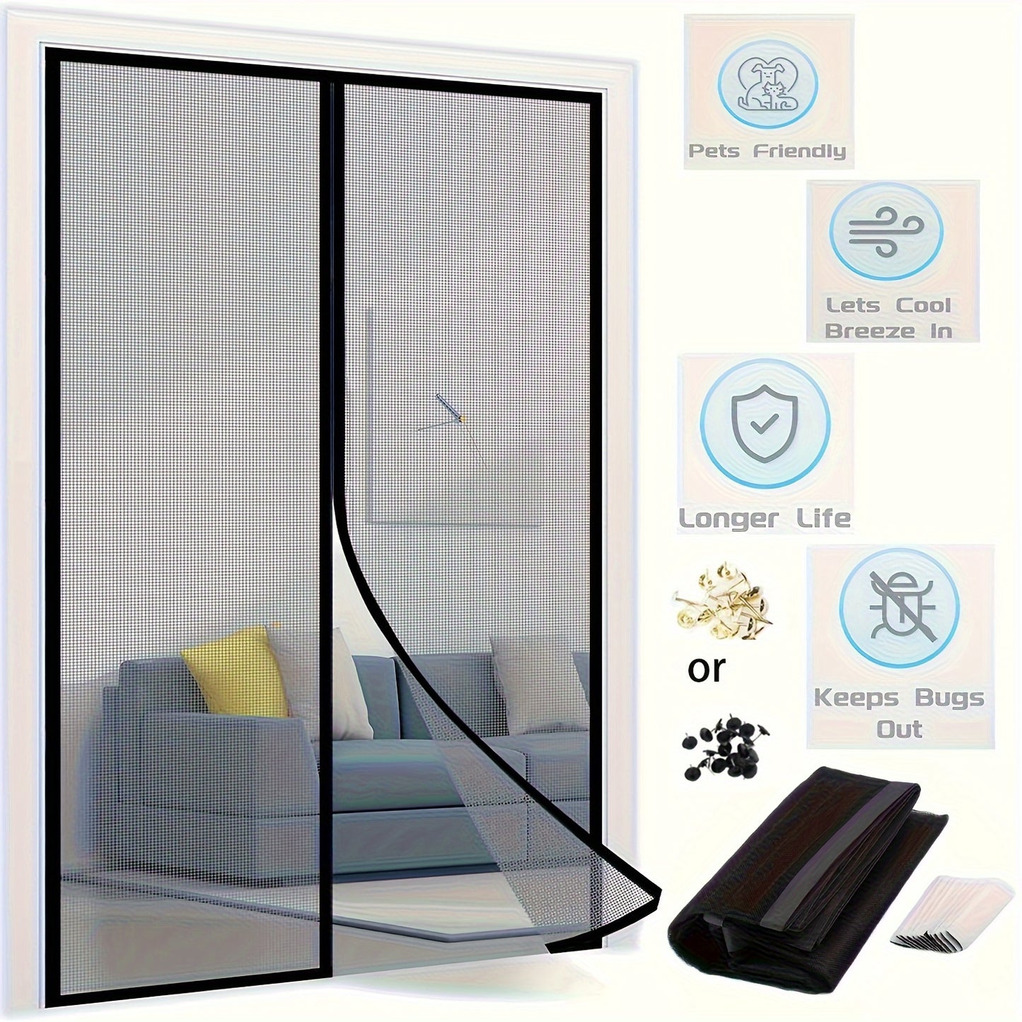 Magnetic Screen Door Set - Self-Sealing, Hands-Free, Heavy-Duty Mesh - Bug-Proof, Pet and Kid Friendly, Easy Installation, Durable - 36x82 Inch / 39x82 Inch