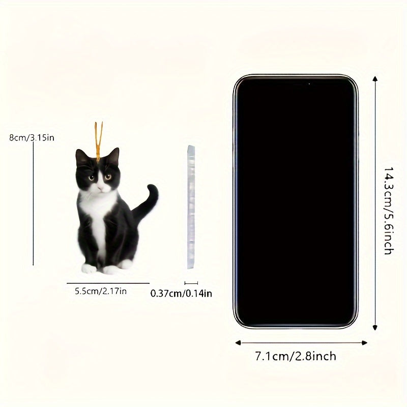 Acrylic Tuxedo Cat Hanging Ornament - Black and White Kitty Pendant with Plush Texture for Car and Bag Decor