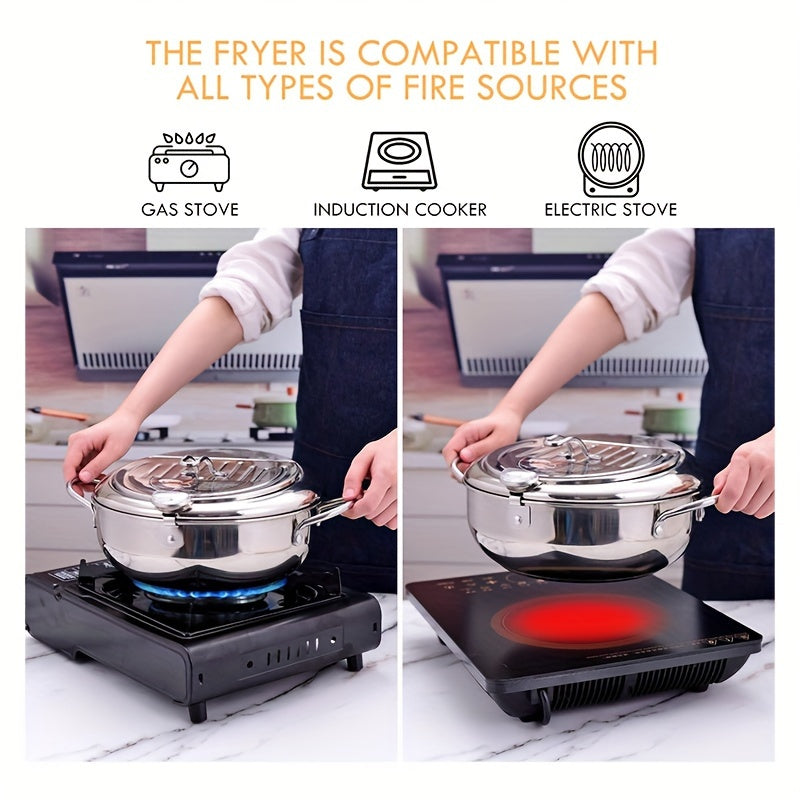 304 Stainless Steel Tempura Fryer Pot – 2.2L, Non-Stick, with Thermometer & Lid for Chicken & Tempura