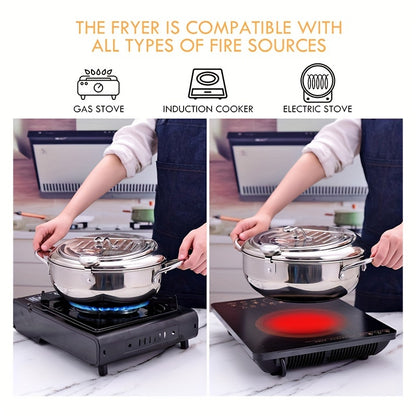 304 Stainless Steel Tempura Fryer Pot – 2.2L, Non-Stick, with Thermometer & Lid for Chicken & Tempura