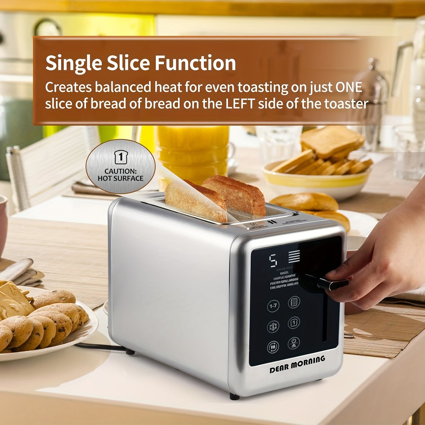1.5 Inch 2-Slice Smart Digital Toaster - Touch Screen, 5 Bread Selections, 7 Shade Settings, Bagel/Defrost/Cancel/Reheat Functions, Removable Crumb Tray, Stainless Steel