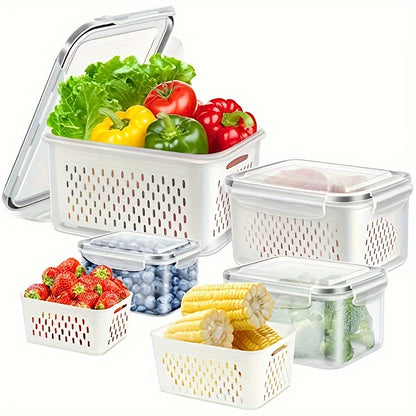 6-Piece BPA-Free Transparent Food Storage Containers with Lids & Drain Tray – Versatile Kitchen Organizers for Fruits, Vegetables, & Dry Goods