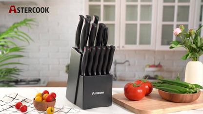 15 Piece Astercook Premium Knife Set - German Steel, Dishwasher Safe, Includes Elegant Black Block and Built-In Sharpener for Precision Cutting