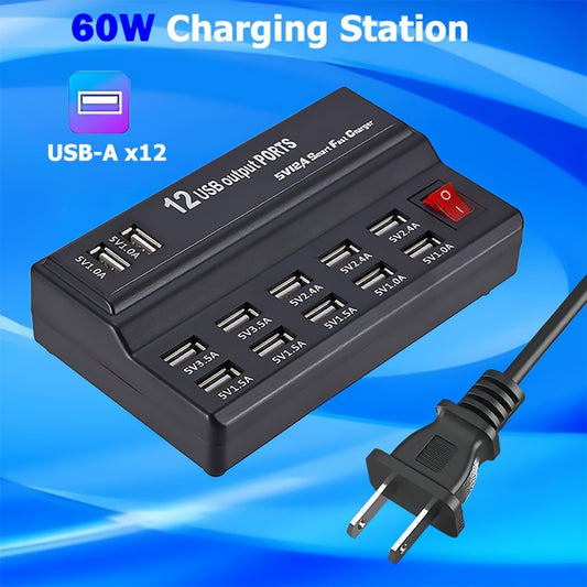 60W 12-Port USB Phone Charger - Fast Charging Station for All Smartphones, iPhone, iPad, Android, Cameras and More