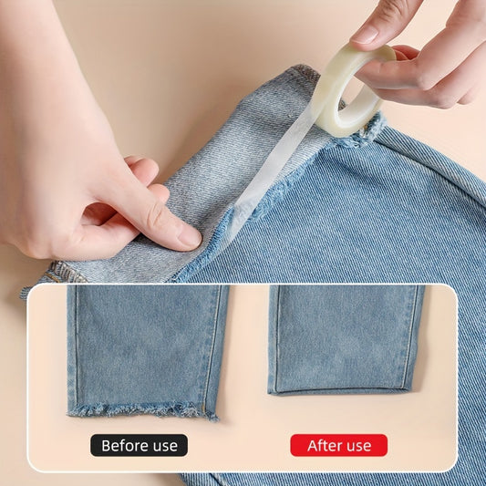 Beige Double-Sided Hem Tape – No-Iron Fabric Adhesive for Pants Hemming | 196.85 Inches, Multipurpose Clothing and Craft Tape with Water Resistance